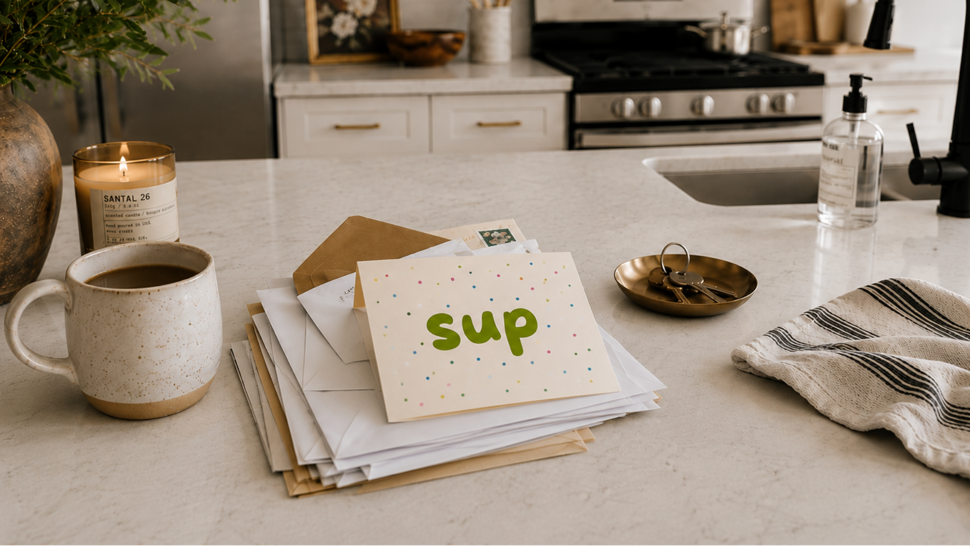Kitchen counter with a mug, folded note card, and candle on a neutral background